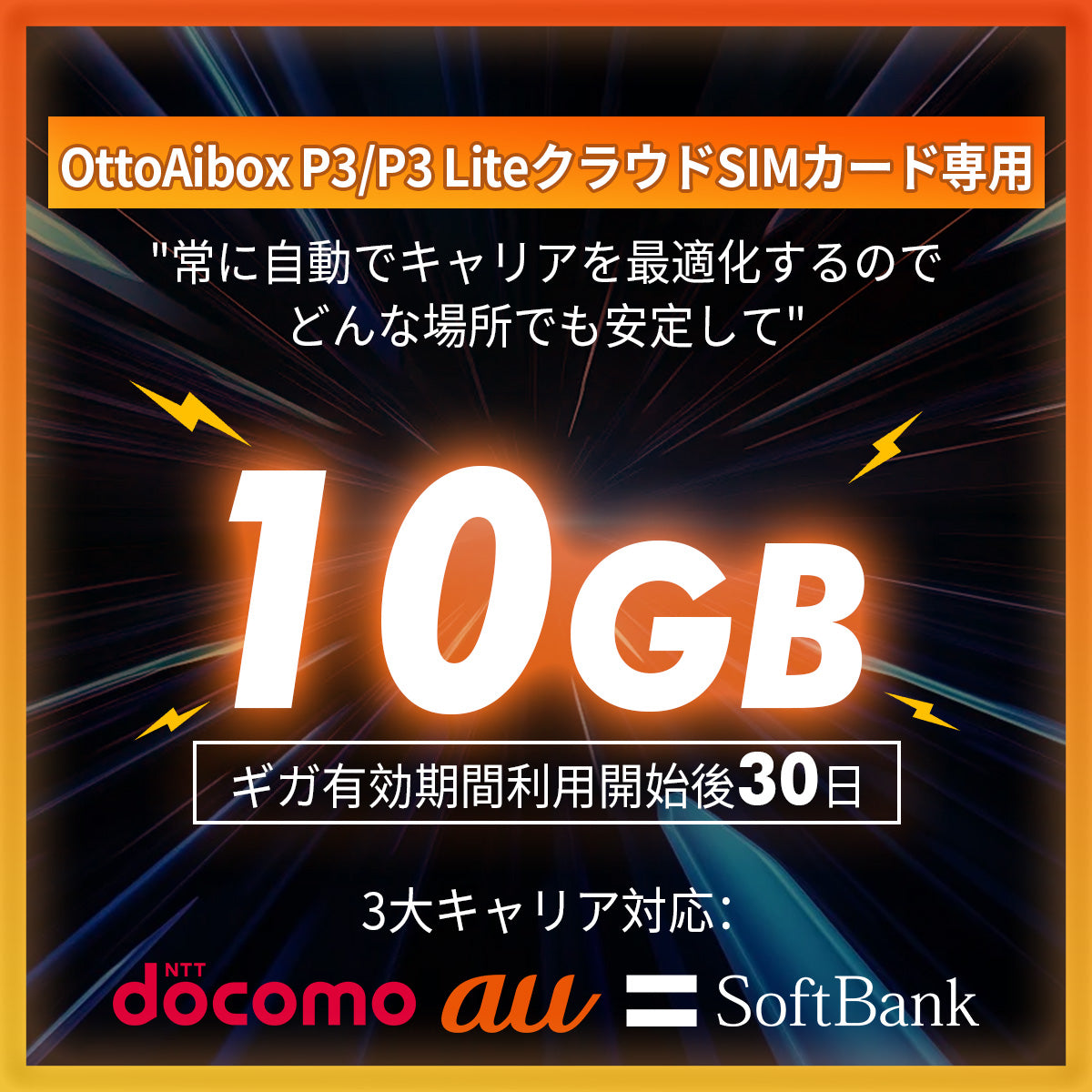 10 GB 30日間 | トリプルキャリア対応【OttoAibox P3/P3 LiteクラウドSIMカード専用・追加ギガチャージ】