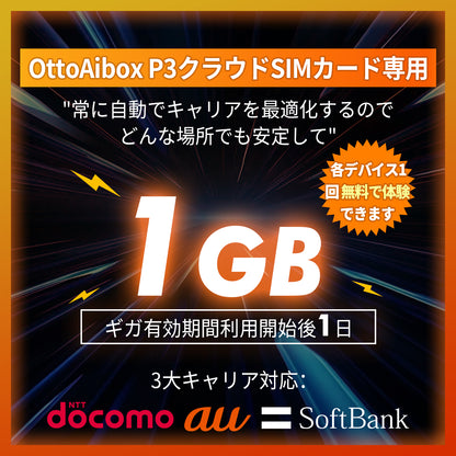 1GB 1日間 | トリプルキャリア対応【OttoAibox P3クラウドSIMカード専用・追加ギガチャージ】
