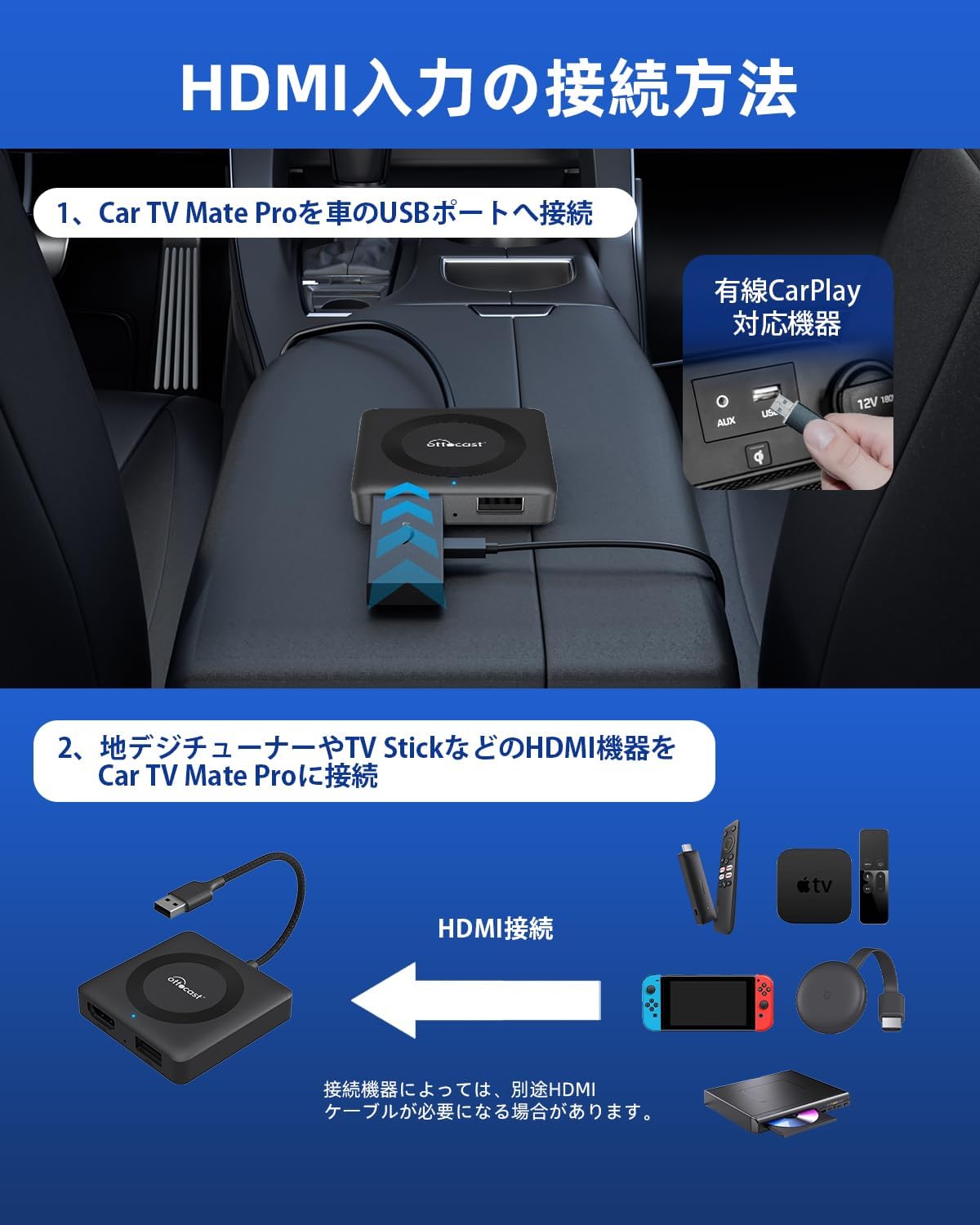 Car TV Mate Pro（第3/4世代 ）新型カーテレビメイト ワイヤレスCarPlay＆スティックアダプター  hdmi入力端末