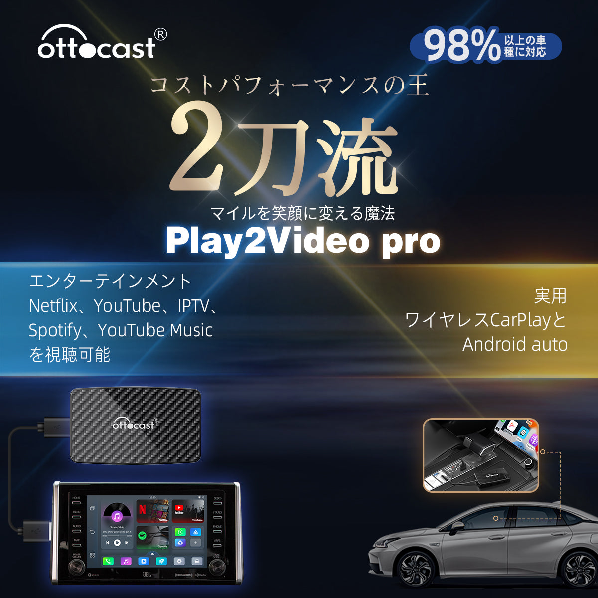 TIKTOK & Ottocast🎁専用割引15 ％オフ💝✨Play2Video Pro ワイヤレス CarPlay / Android Auto 3-in-1 アダプター