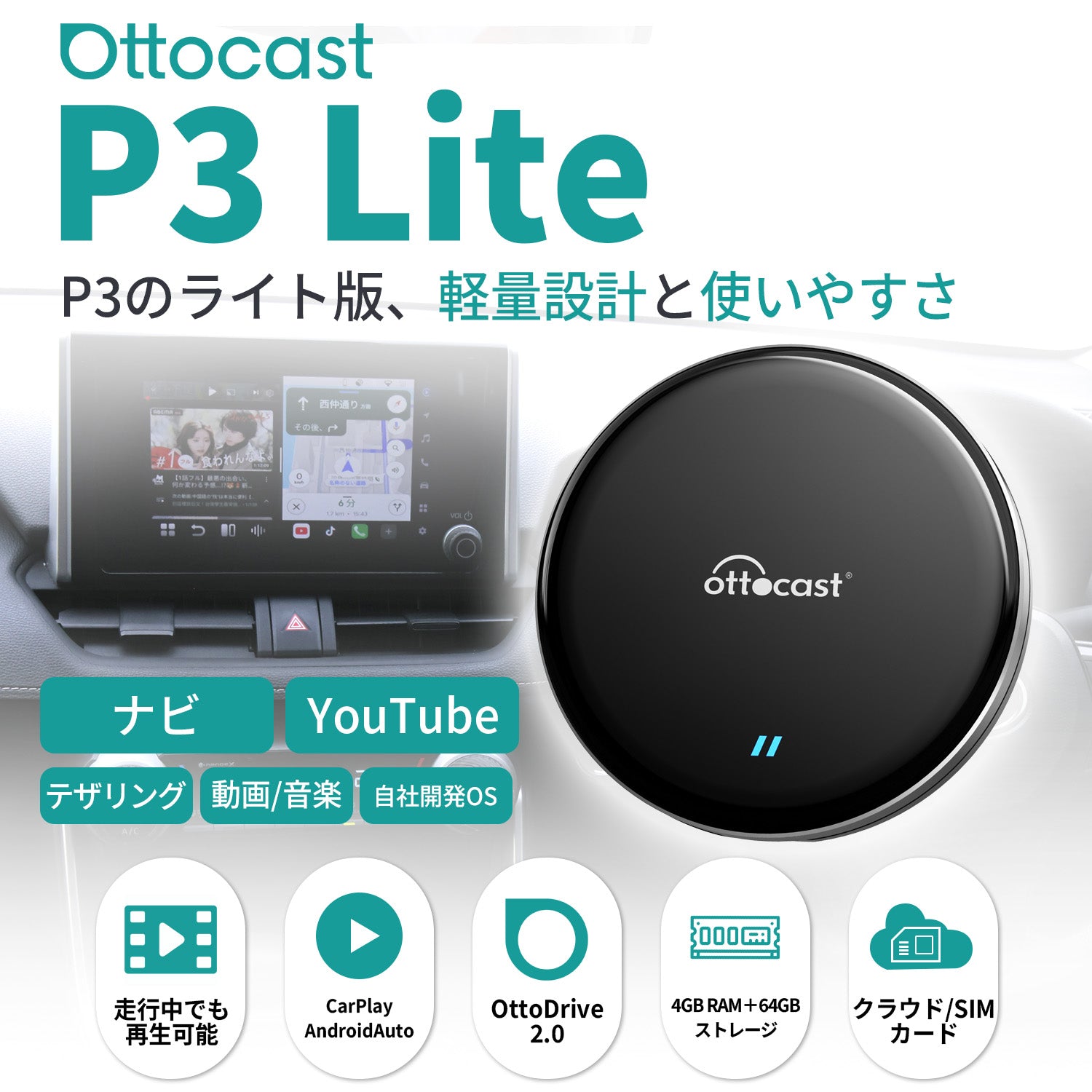 パーツ ottocast P3 Lite OttoAibox P3 Lite Wireless CarPlay Android Smart Media Box