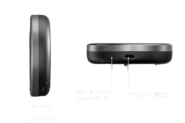 製品側面図・底面図 厚さ20.5mm Type-C電源ポート TFカードスロット NanoSIMカードスロット